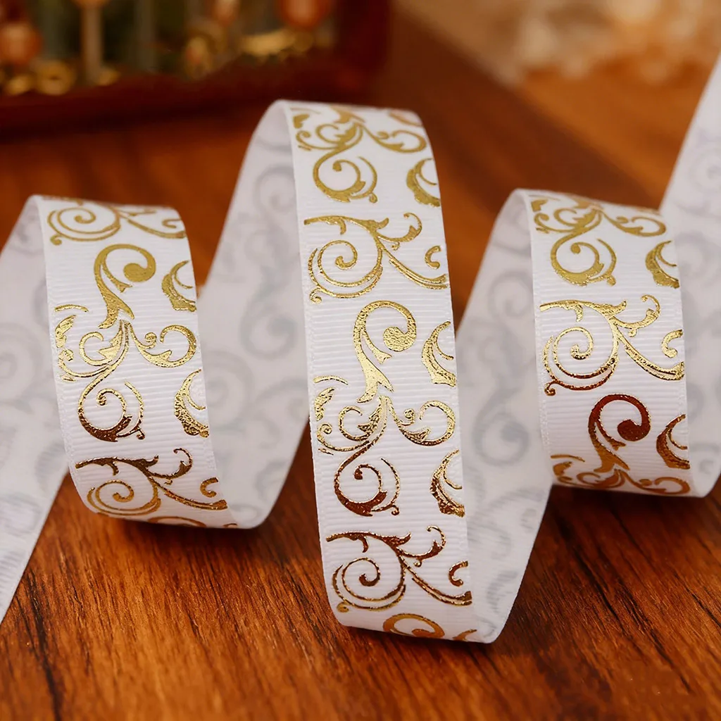 (10 yards/lot) 25mm Champagne gold foil Hot stamping grosgrain ribbon gift wedding ribbons roll wholesale