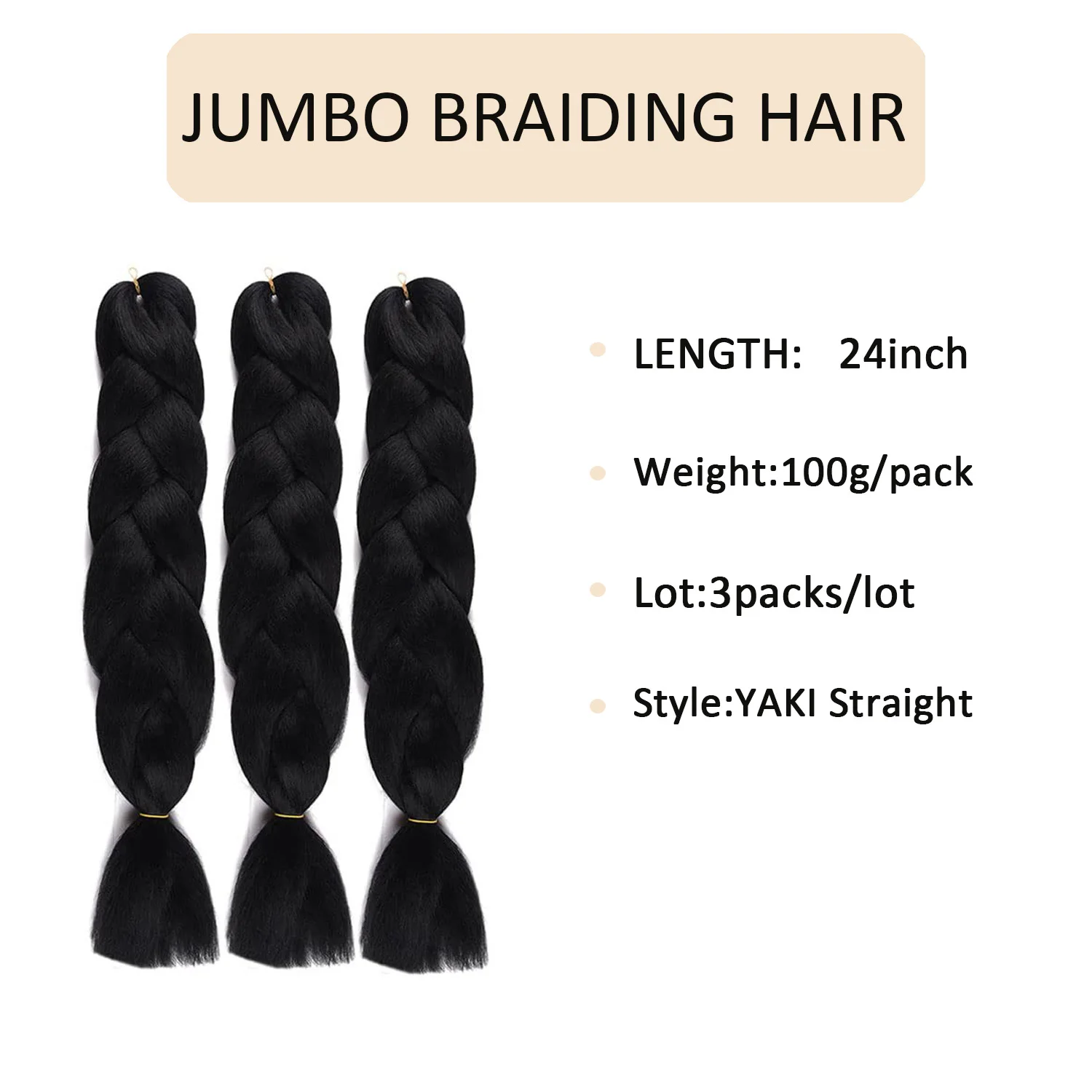 Ekstensi Rambut Kepang Jumbo 24 Inch Hitam, 3 Paket Rambut Kepang Crochet Twist Sintetis