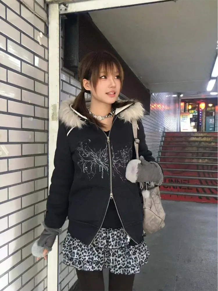 

Black Fur Collar Hoodie Jacket Women's Autumn Winter New Thickened Fleece Zipper Cardigan Top Y2K Subculture Streetwear