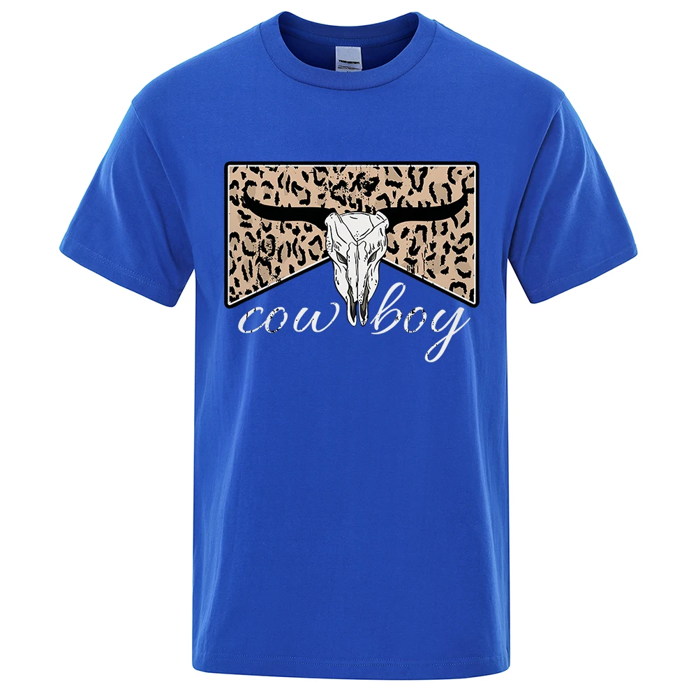 Cow Boy Leopard Pattern Bull Horn Skeleton S0119T-Shirt Male Cotton Tshirts Casual T-Shirts Loose Short Sleeve Oversized Tees