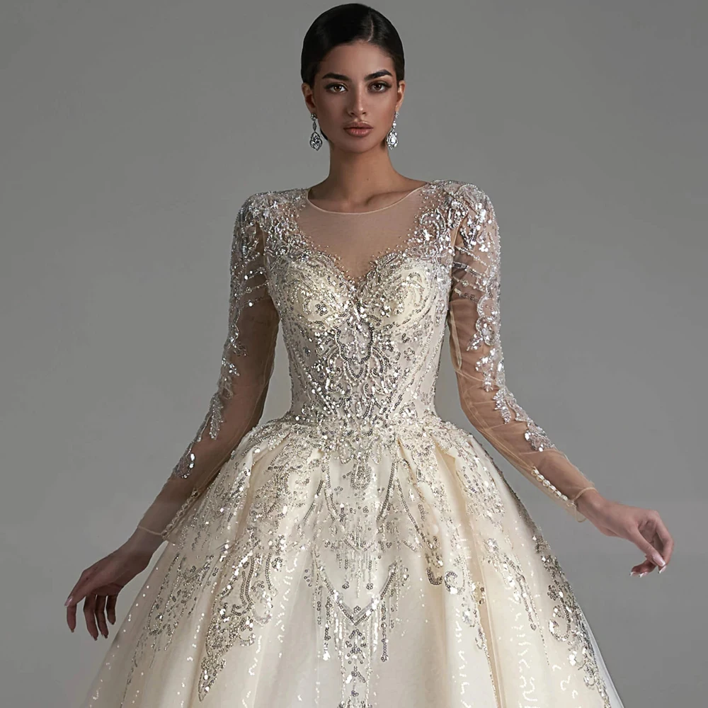 Lindo vestido de baile vestido de casamento 2024 requintado o pescoço manga longa vestido de noiva brilhante lantejoulas princesa vestido de noiva personalizado