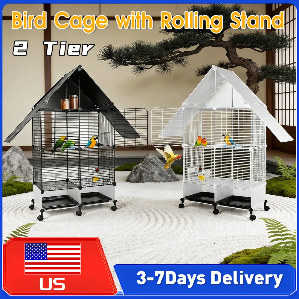 

Bird Cage Large 2 Tier House Shape with Rolling Stand Lock Design Bird Villa for Parrot Parakeets Cockatiels Budgie Canary Finch