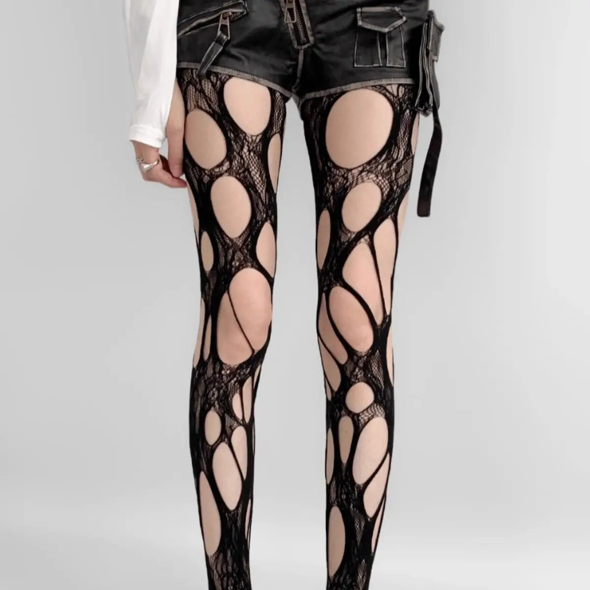 Gothic Damen Strumpfhosen mit unregelmäßiger freiliegender Haut, zerrissenes Netz, dünne Strumpfhosen, Punk, Y2K, ausgehöhlte Retro-Spitze, sexy Seidenstrümpfe