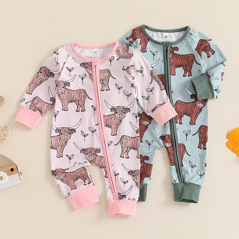 2024-06-15 Lioraitiin Autumn Infant Baby Girl Boy Romper Print Long Sleeve Zipper Jumpsuit Fall Casual Clothes