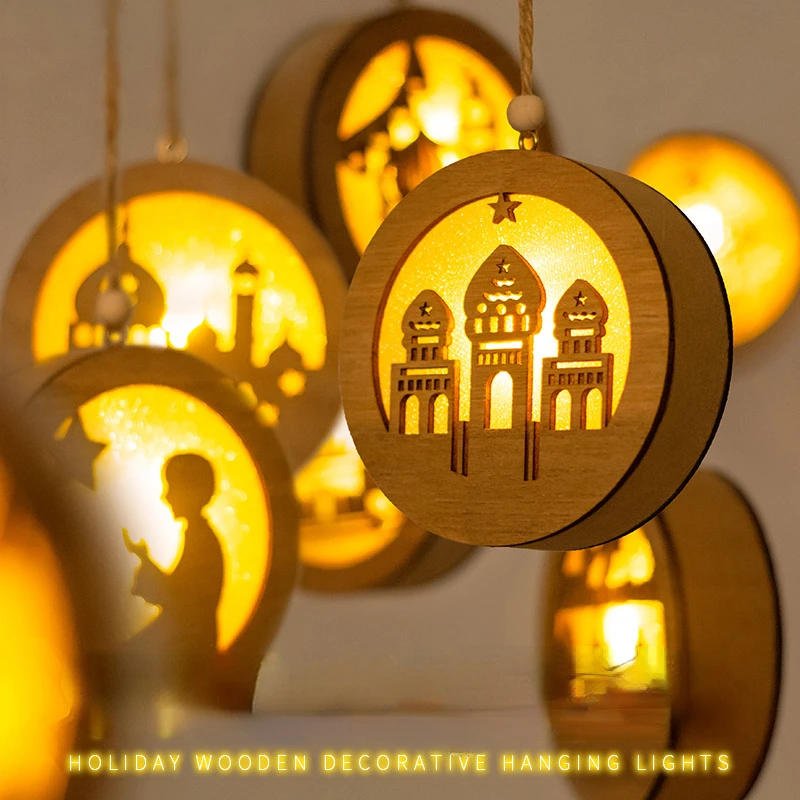 EID Mubarak Wooden Pendant with LED Light Ramadan Kareem Decor For Home 2024 Islamic Muslim Party Decoration Supplies Home Decor