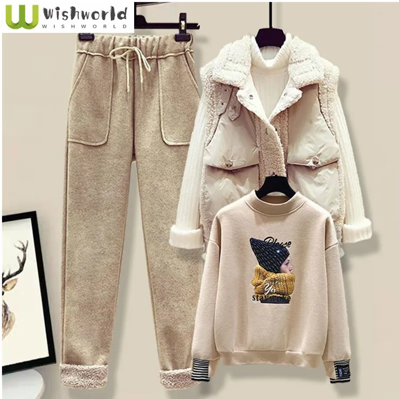 Autumn and Winter Fashion Set Women's 2023 New Down Cotton Tank Top Plus Plush Top Casual Pants Age Reducing Three Piece Set