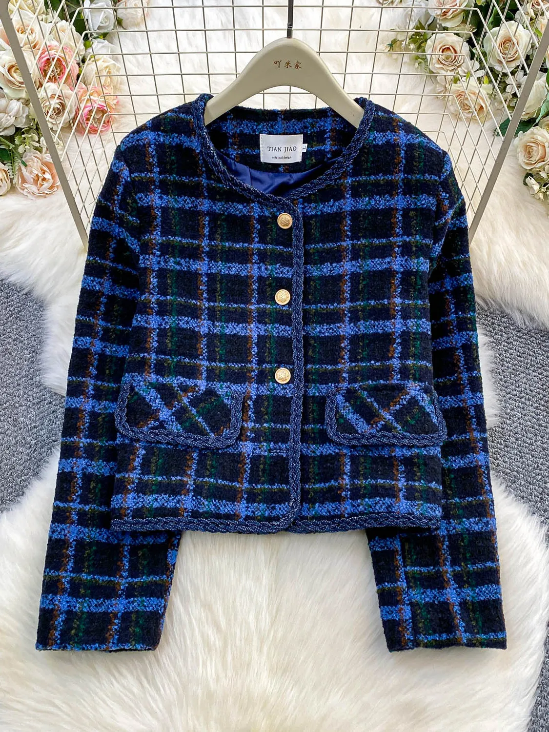   Wełniany płaszcz w kratę Thiened, okrągły kołnierz, płaszcz zimowy damski, wyszczuplający, ozdobny guzikami, luźny krój, długi rękaw.