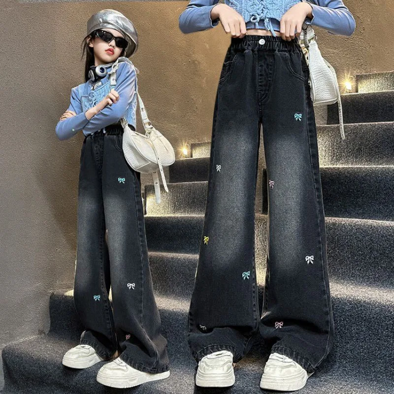 

Girls' Jeans Spring Autumn Korean Casual Bow Embroidery Denim Pants Fashion Elastic Waist Trousers For Girl New Arrival Clothes