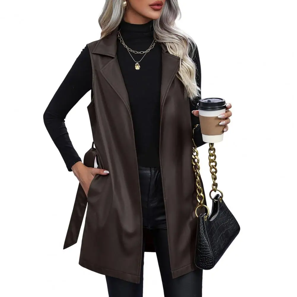 Women Jackets Vests Sleeveless Cardigan Coat with Belt Lace-up Waist Faux Leather Mid Length Cardigan Lady Waistcoat