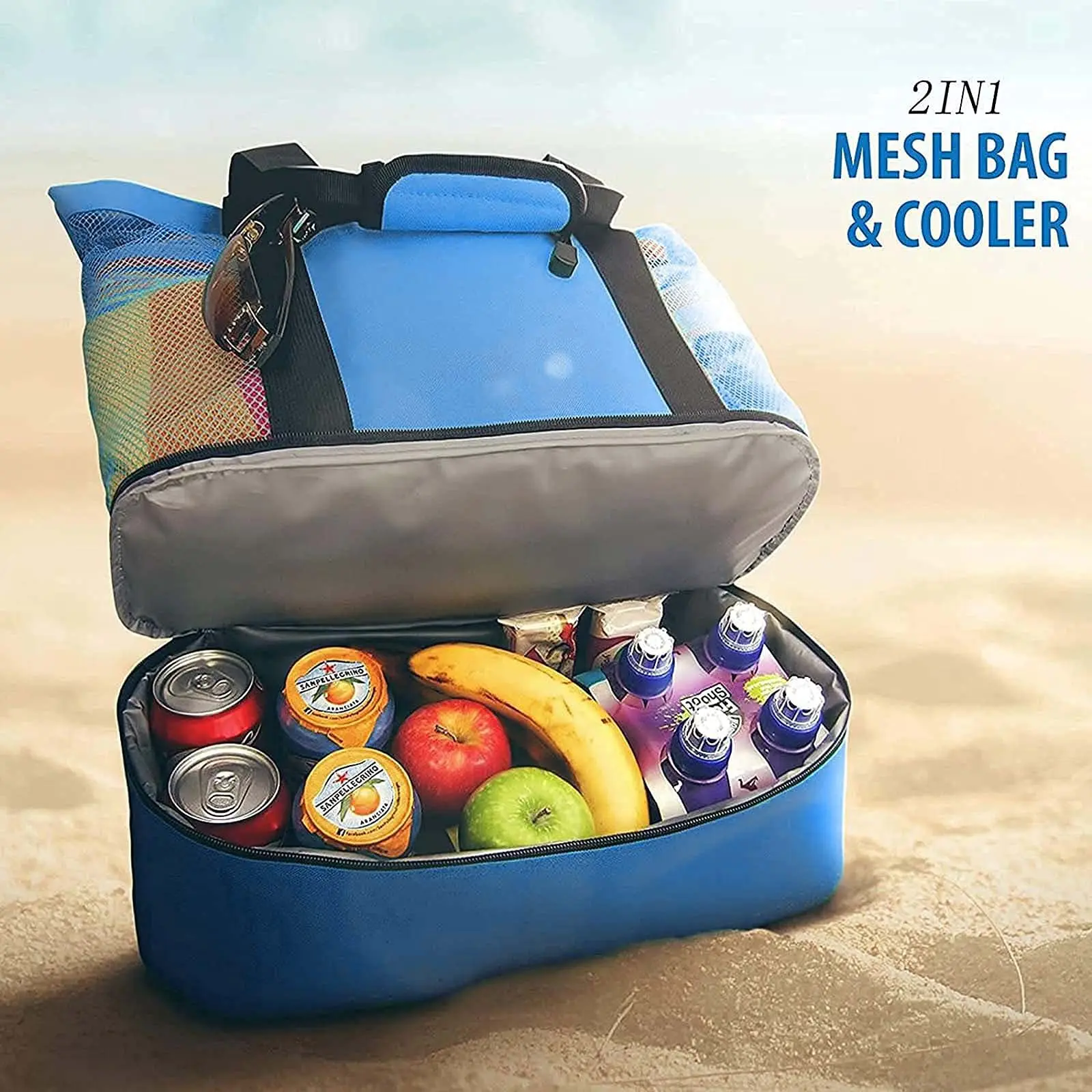 Large Mesh Beach Cooler Bag Outdoor Camping Picnic Bag Storage Bag Drink Food Cooler Tote Bag Thermal Insulation Lunch Box