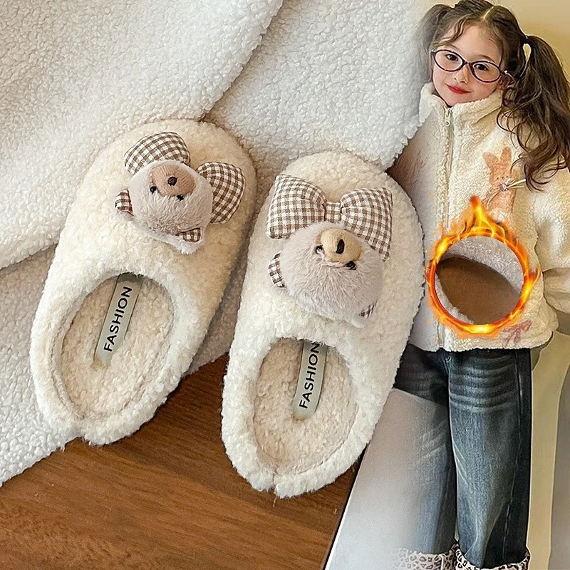 Girls Fashion Slippers with Cute Bears Kids Suede Warm Shoes Soft Bottom 2025 Winter Children Casual Flats Non-slip Versatile