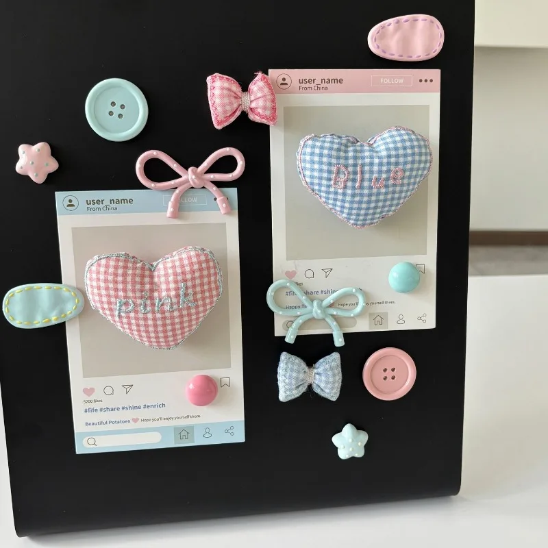 Pastel Gingham Heart Bow Fridge Magnet Set, Cute Pink Blue Fabric Star Button Shaped Ornament, for Photo Board & Home Desk Decor