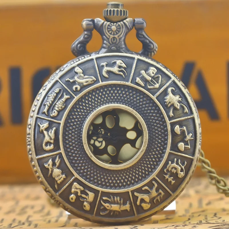 Винтажные бронзовые двенадцать созвездий в стиле стимпанк, полые кварцевые карманные часы, ожерелье, подвеска, цепочка для часов, мужская и женская цепочка, подарок