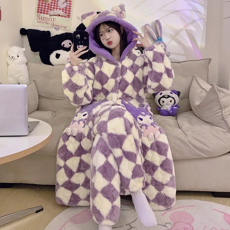 2Pcs Hellokitty Kawaii Plush Pajamas Anime Cartoon Kuromi Winter Velvet Thickening Cute Hooded Pajamas Home Clothes Girls Gifts