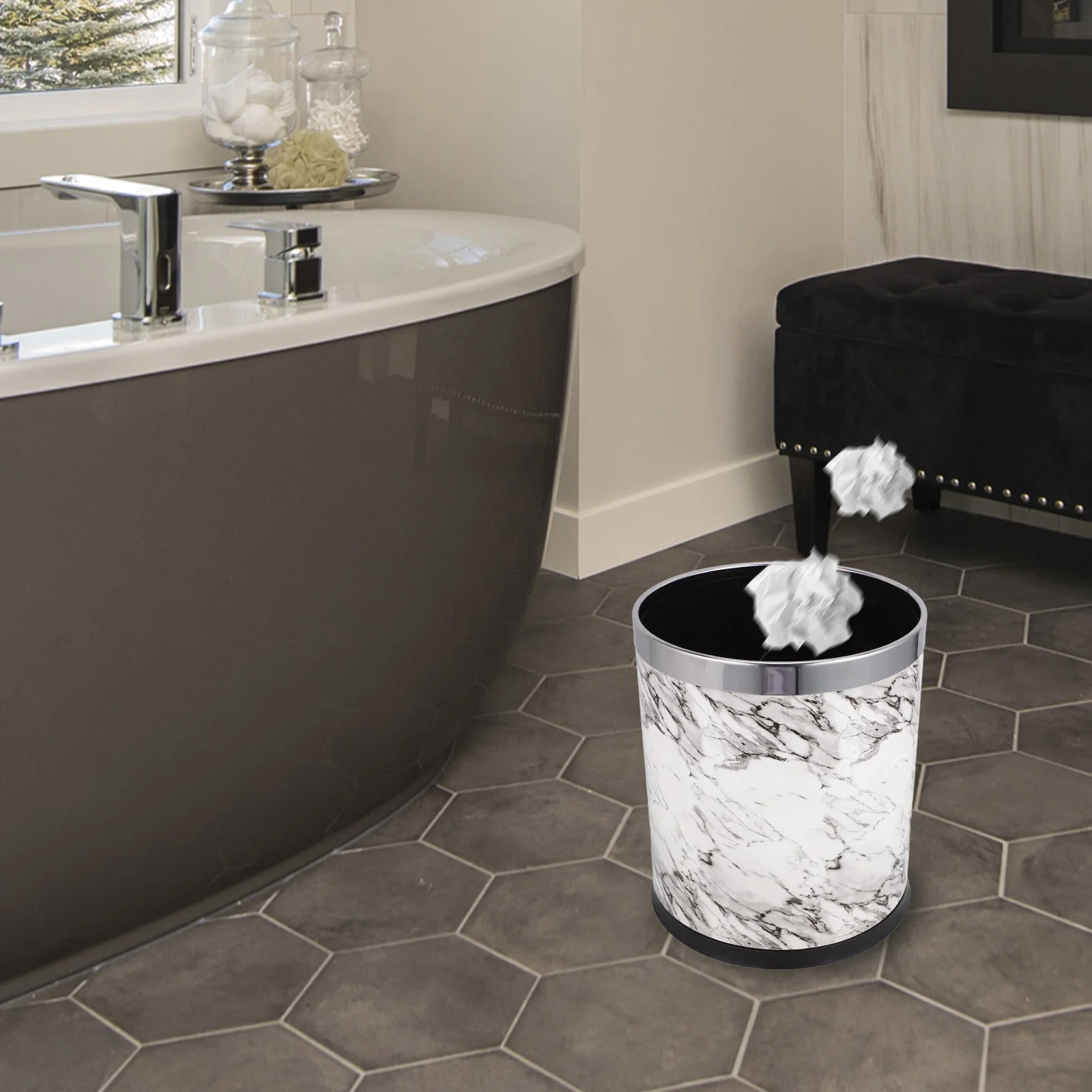 

Strong Structure White Marble Trash Bin Large Size Waste Container for Living Space