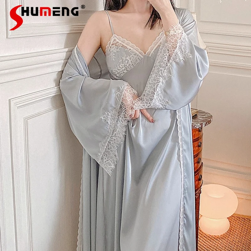 

Princess Sweet Nightgown Two Piece Set Pure Desire Women's Camisole Long Nightdress Suit Female Ice Silk Sexy Lace Robe Set