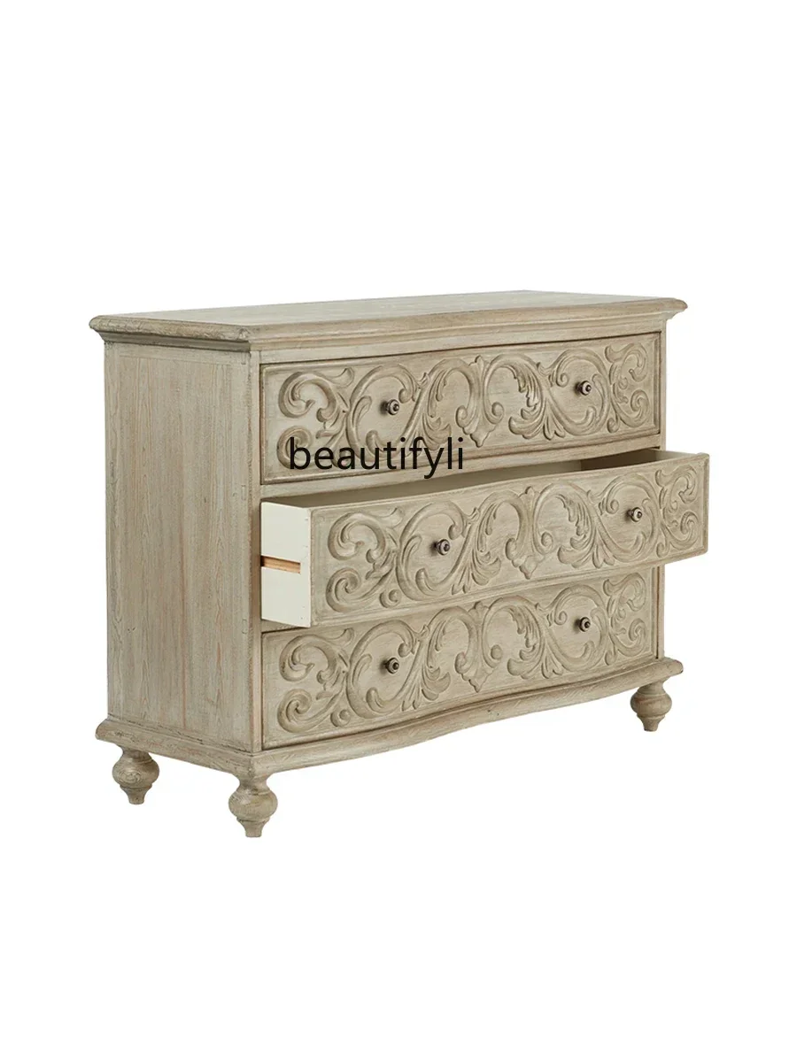 K185 Wood Carved Three-Bucket Cabinet French Vintage Drawer Locker Bedroom Living Room Wall Storage Bedside Table