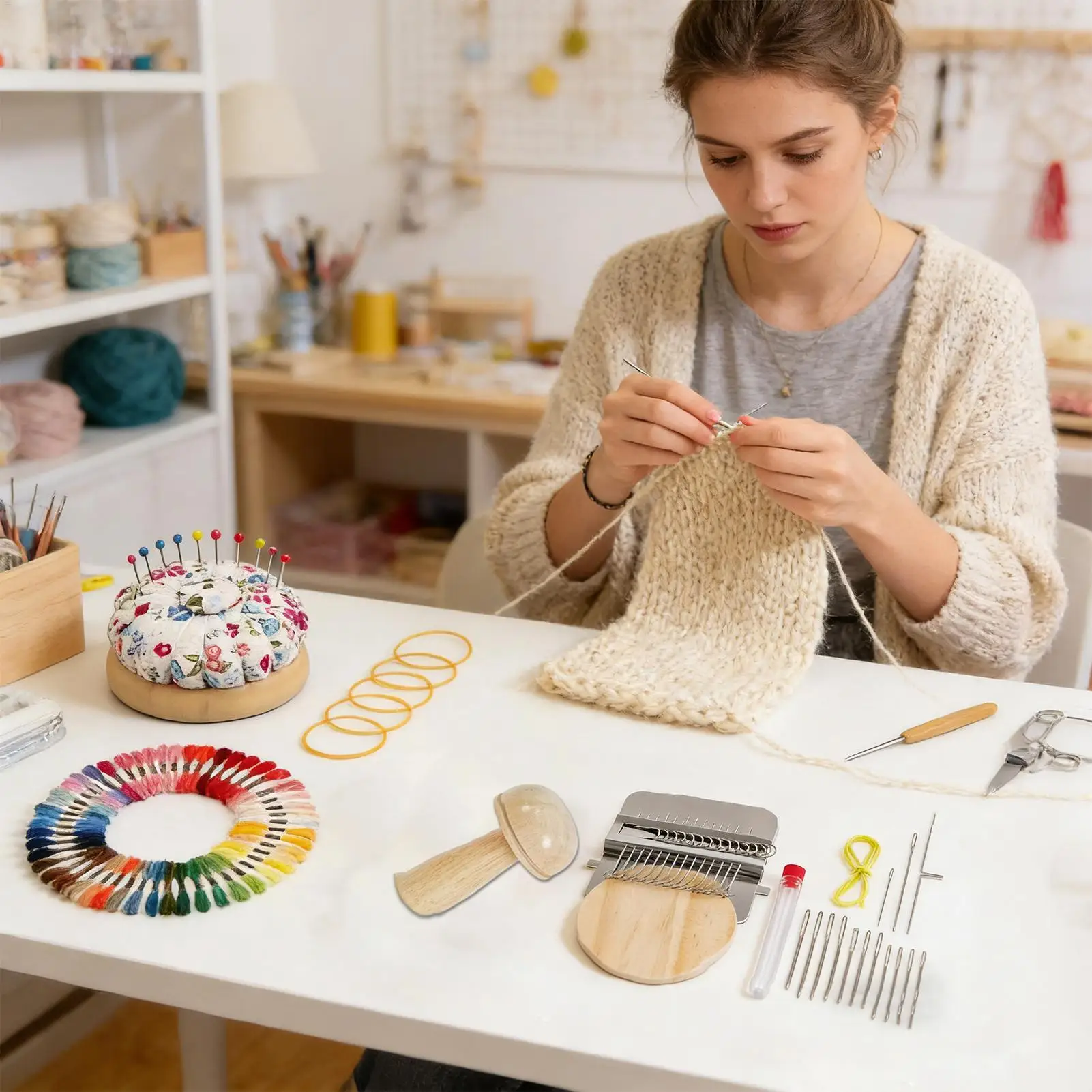 

knit patch kit Sock Darning Kit Weaving Tool Supplies with 14 Hooks 14 Needles 50 Colors of Thread Patch Mending Weave Kit