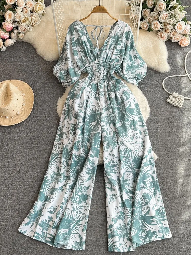 

New Summer Printed Jumpsuit Women Wide Leg Romper V-neck Puff Sleeve Casual Vocation Beach Style High Waist Sexy Jumpsuits