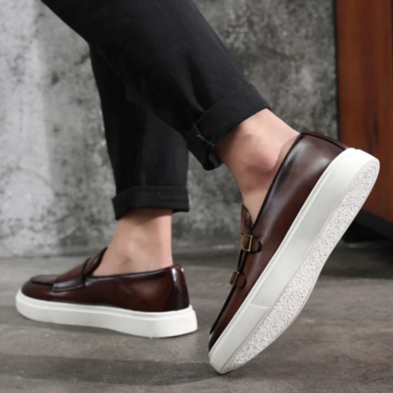 Black Men's Vulcanize Shoes Double Buckle Slip-On Brown Pu Leather Sneakers Shoes for Men with  Size 38-46