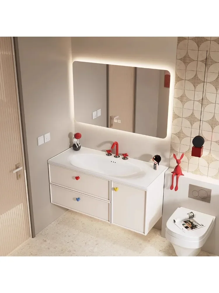 French Cream Wind Bathroom Cabinet Combination Egg Type Ceramic Integrated Basin Dopamine Wash Table