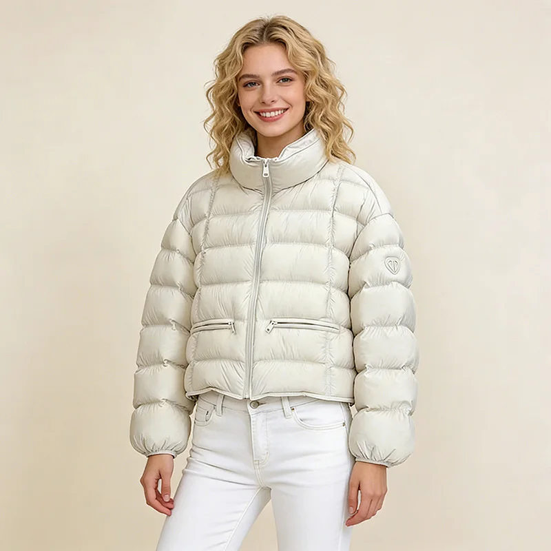Schinteon Women's White Duck Down Jacket Stand Collar Casual Loose Puff Sleeved Autumn Winter High Quality Outwear 2026 New Coat