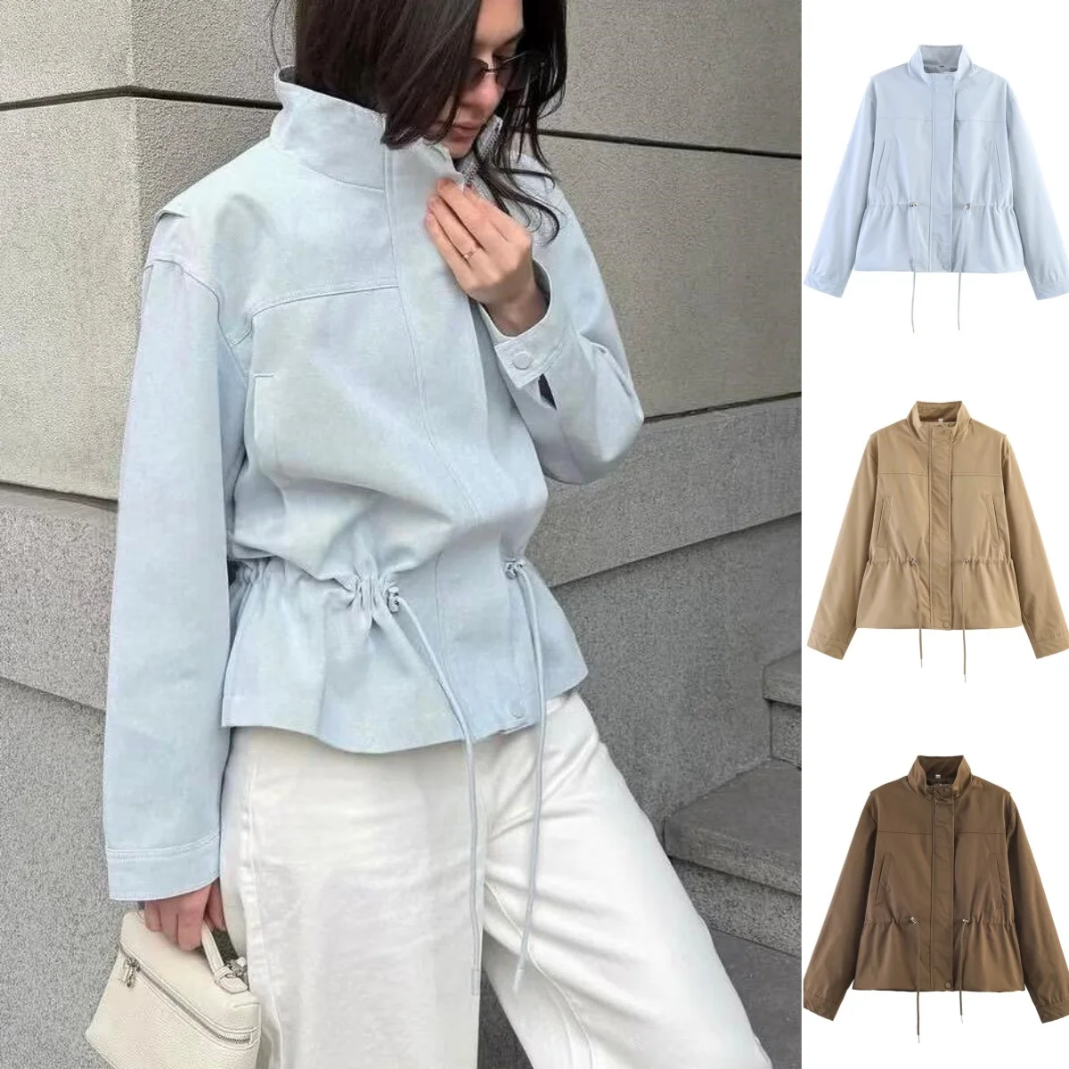 

BSAY 2026 Women Solid Stand Collar Long Sleeve Zip Up Drawstring Waist Slim Cropped Jacket Daily Casual Street Style Outerwear