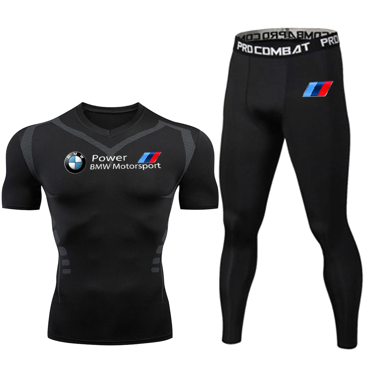 Men's Gym Compression Y2KT T-Shirt + Pants 2 Piece Set Full Open Breathable Fast Drying Exercise Fitness Sportswear Set BMW logo