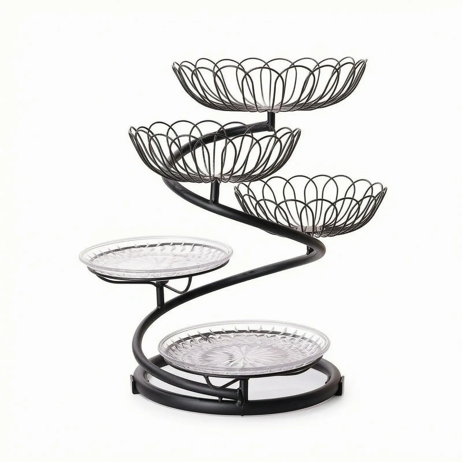 5 Tier Industrial Fruit Basket Stand Wrought Iron Spiral Frame with Cut Glass Plates for Home Kitchen Organization