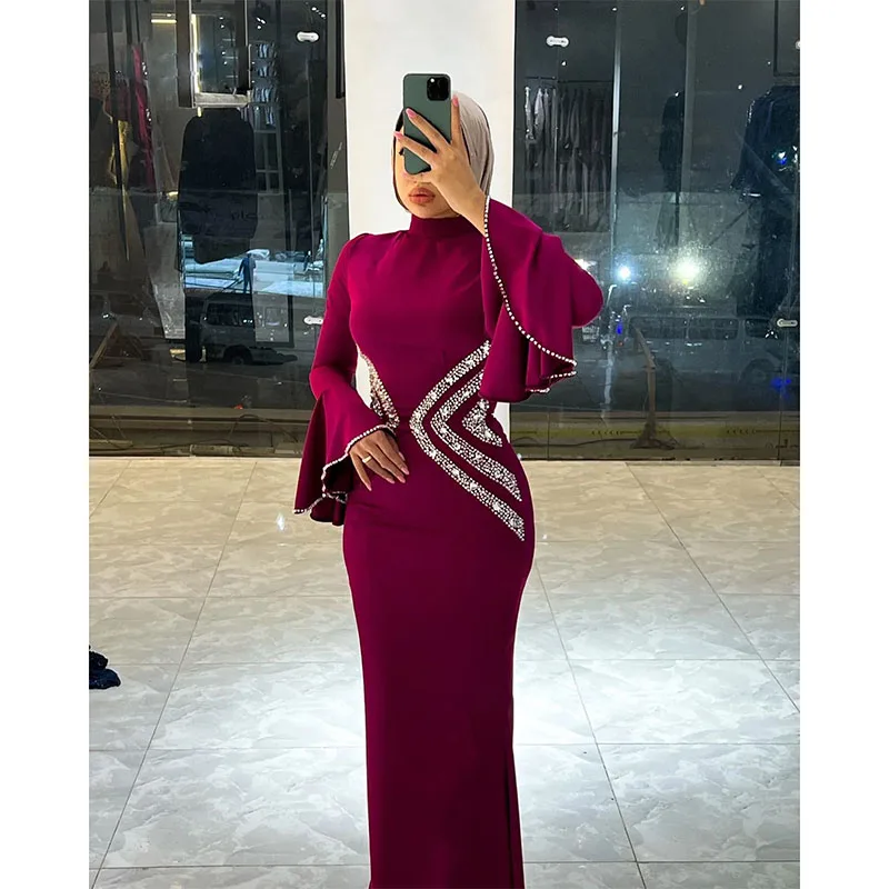 

Muslim Mermaid Evening Dresses Bead Sequin Satin Formal Gown Flare Sleeve Prom Gowns For Women Saudi Arabic Evening Wear