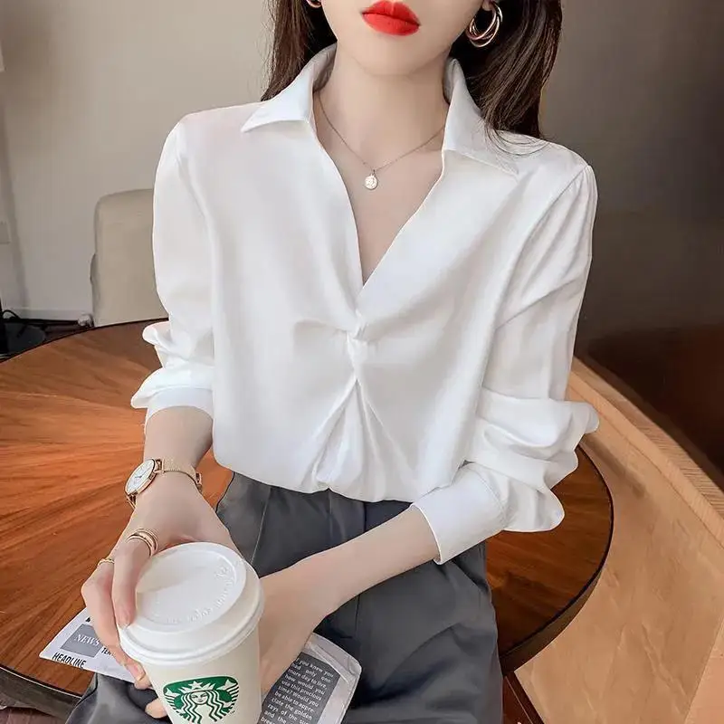 Temperament Pleated Blouse Spring Autumn New Long Sleeve Polo Neck Solid Color Office Shirt Tops Elegant Fashion Women Clothing