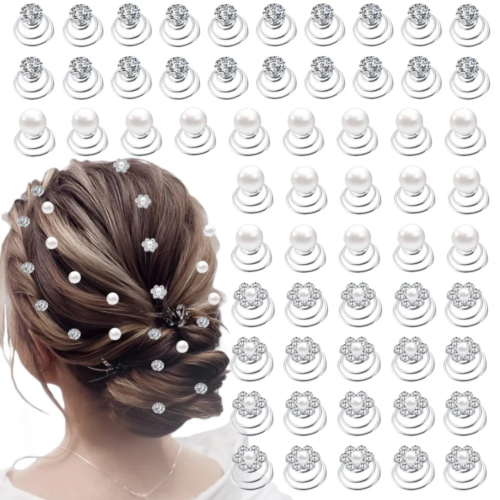 60-Pack Pearl Rhinestone Spiral Hair Clips, Fairy Luxury Exquisite Style, Suitable for Bridal Updos / Daily Flyaway Control