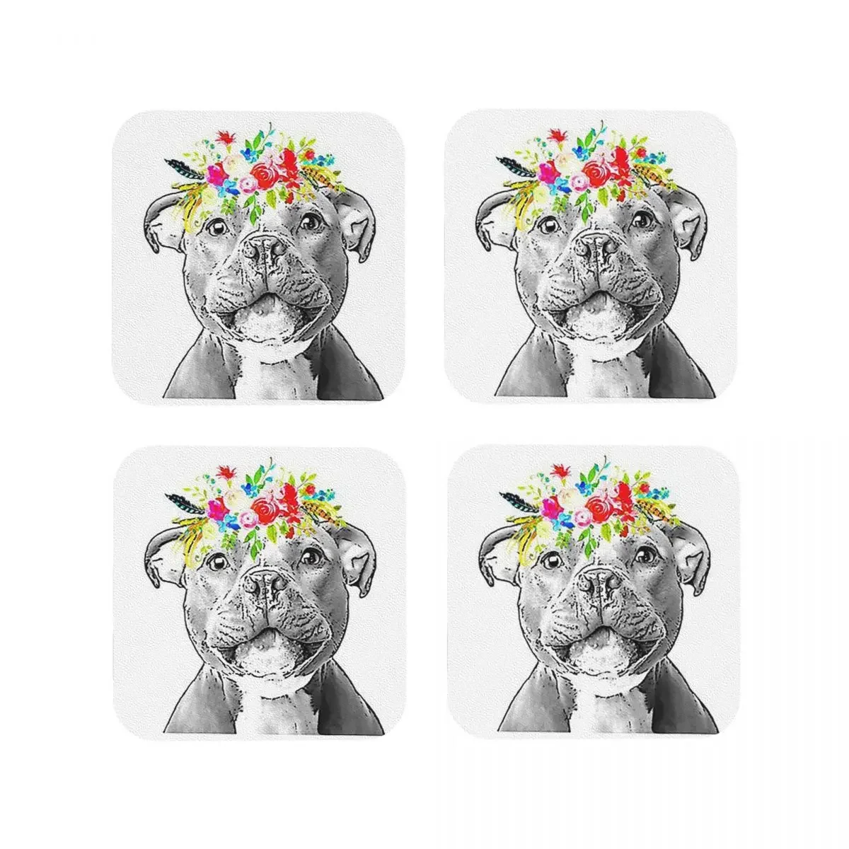 Staffordshire Bull Terrier Floral Crown Coasters Kitchen Placemats Non-slip Cup Coffee Mats For Home Tableware Pads Set of 4