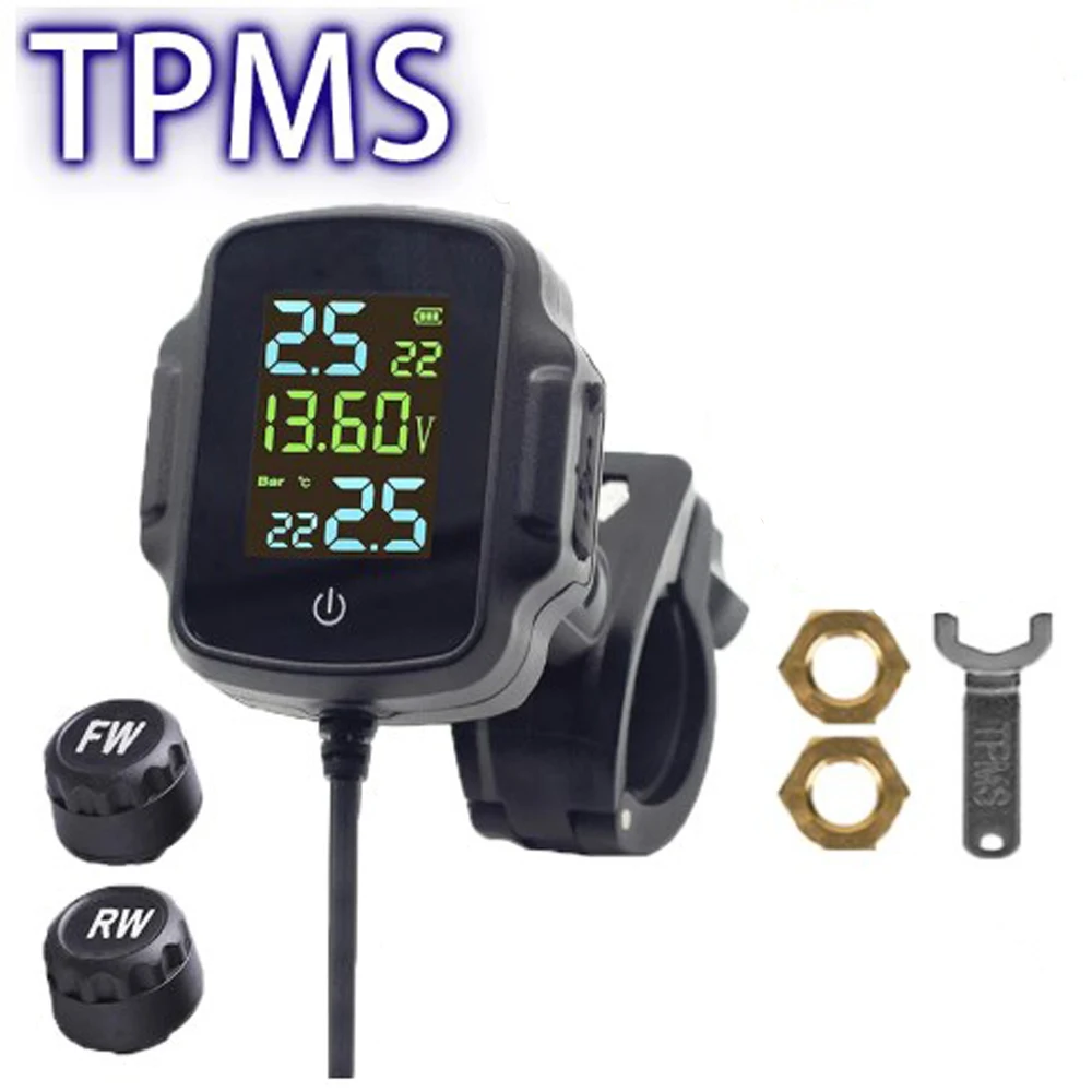 TPMS Motorcycle Tire Pressure Monitoring System With 2 Exteral Sensors  Lcd Screen Real Time Digital Display