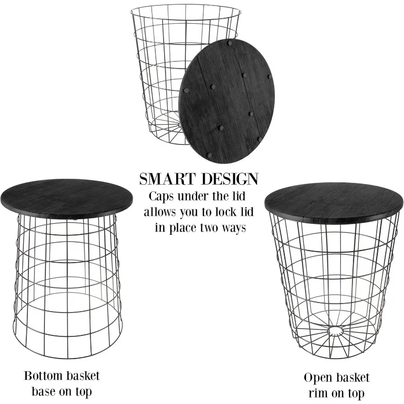 Set of 2 - Nesting Tables with Removable Wood Tops and Metal Basket Bases for Blanket Storage - Round Side Tables.