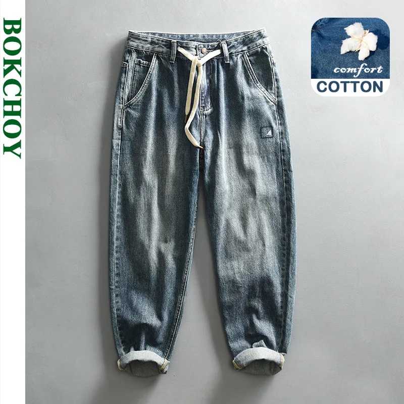 Jeans vintage lavado reto para homens, calças macias de algodão, streetwear casual, roupas novas, primavera, AG7189, 2024