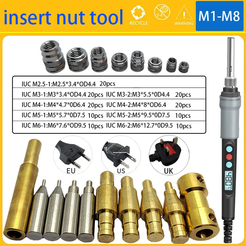 

M1.4 M1.6 M2 M3 M4 M5 M6 Stainless Steel Heat Insert Nut and Soldering Iron Tip Set Threaded Insertion Tool Embedded 3D Printing