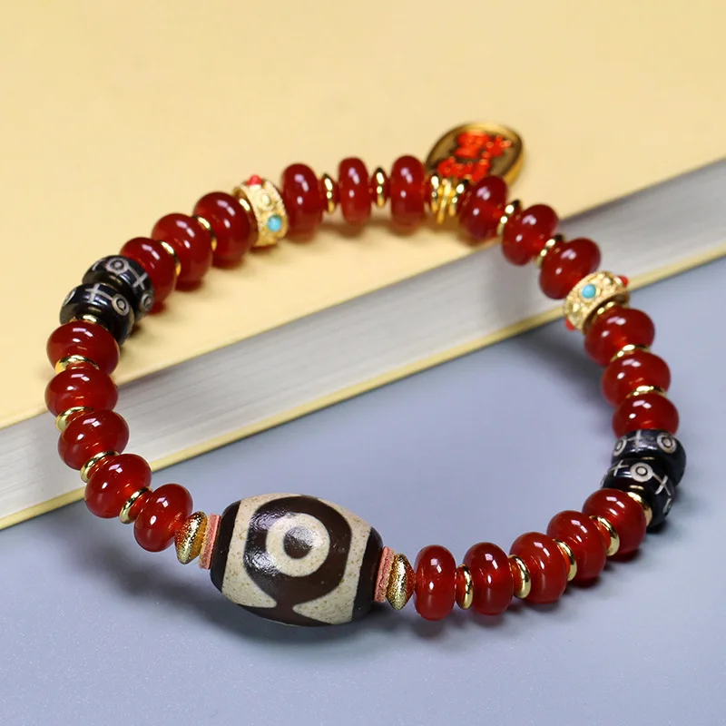 Old Three-Eyed Dzi Bead Bracelet Cow Bone Red Agate Single Circle 14X18Mm Fashionable Versatile Style
