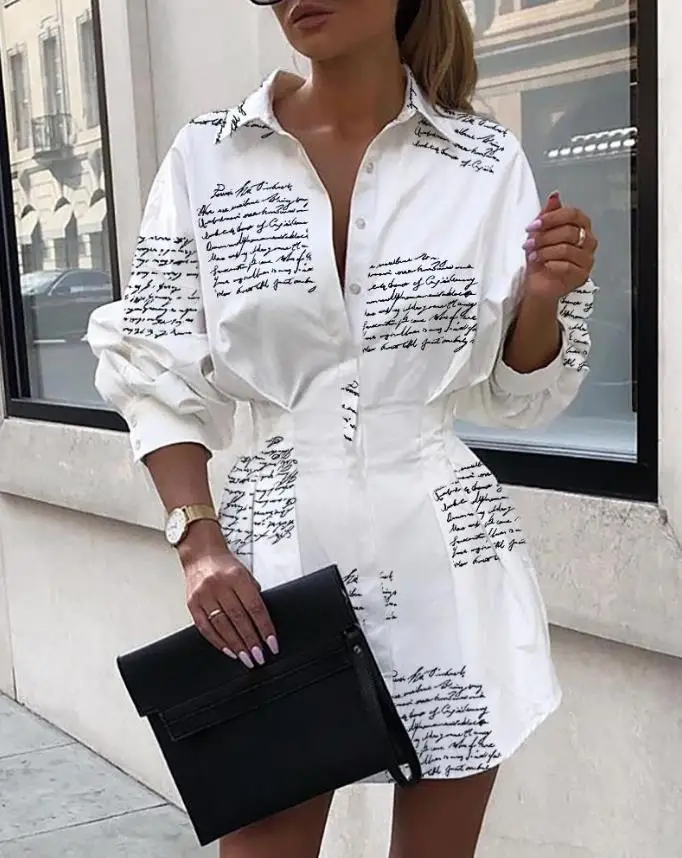 

Alphabet Printed Tight Fitting Lapel Pleated Waistband Shirt Skirt with Irregular Hem Long Sleeved White Fashion New Style Dress