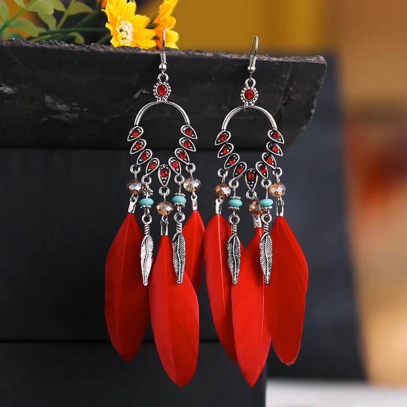 Böhmische lange Feder-Ohrringe für Frauen, klassische ethnische Retro-Temperament-Kette, Blatt-Perlen-Quasten-Ohrringe, Boho-Hochzeitsschmuck – Detail 11