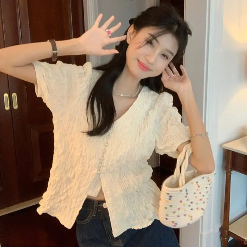 Large Size Texture Puff Sleeve Shirt Women Summer Design Sense Niche French Unique V-neck Solid Color Pleated Short Sleeved Tops