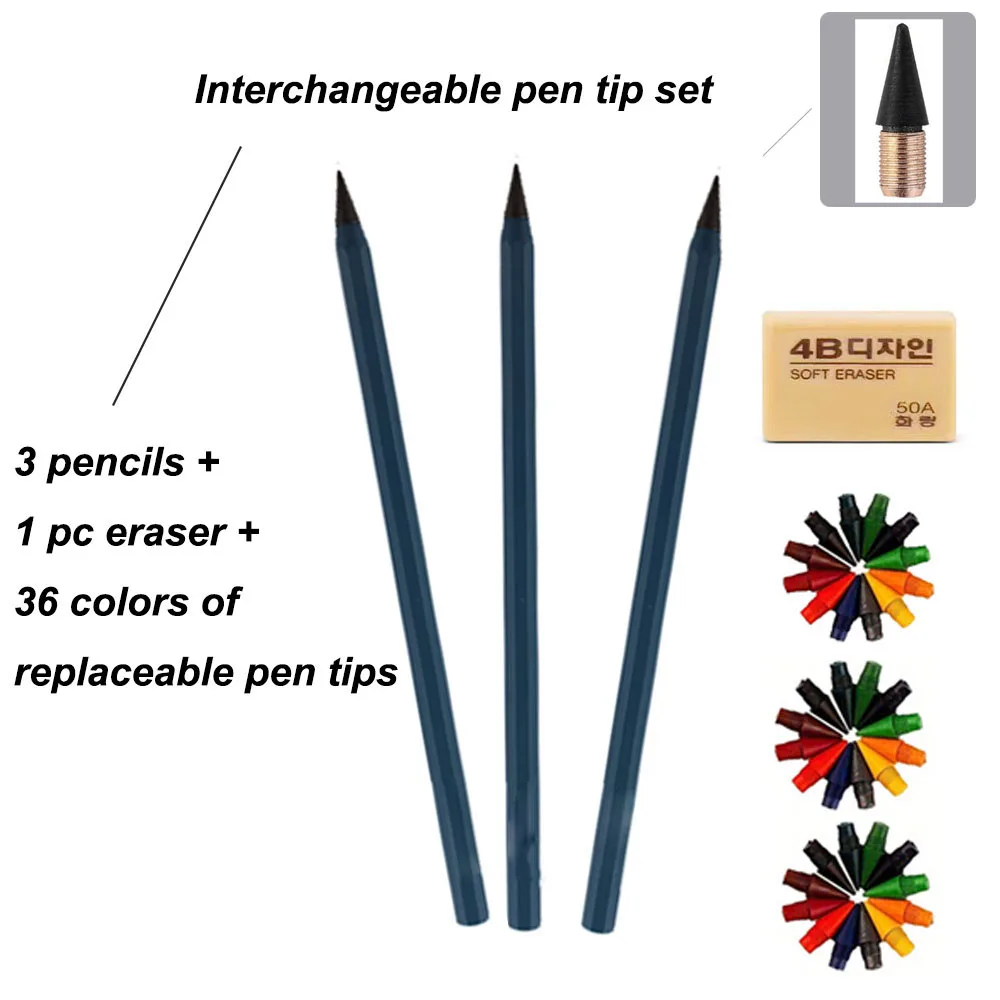 40-teiliges/3-Stifte-Set, bunte tintenlose Stifte, ewige Bleistifte mit austauschbaren Radiergummis, ewige Bleistifte zum Schreiben, Malen, Schreibwaren – Detail 2