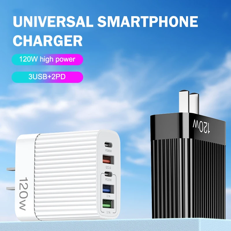 

UK/US/EU 120W Fast Charging Mobile Phone Charger 3USB+2PD Multi Plug Type-C Phone Power Adapter Wall Quick Charge Plug