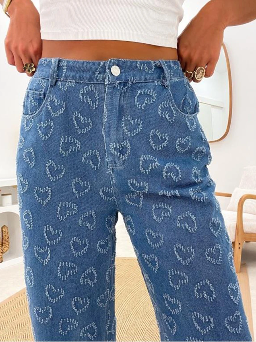 2025 Pantalones vaqueros con patrón de corazón para el Día de San Valentín, pantalones vaqueros de tiro alto para mujer, pantalones vaqueros informales de pierna recta ajustados azules con bolsillos