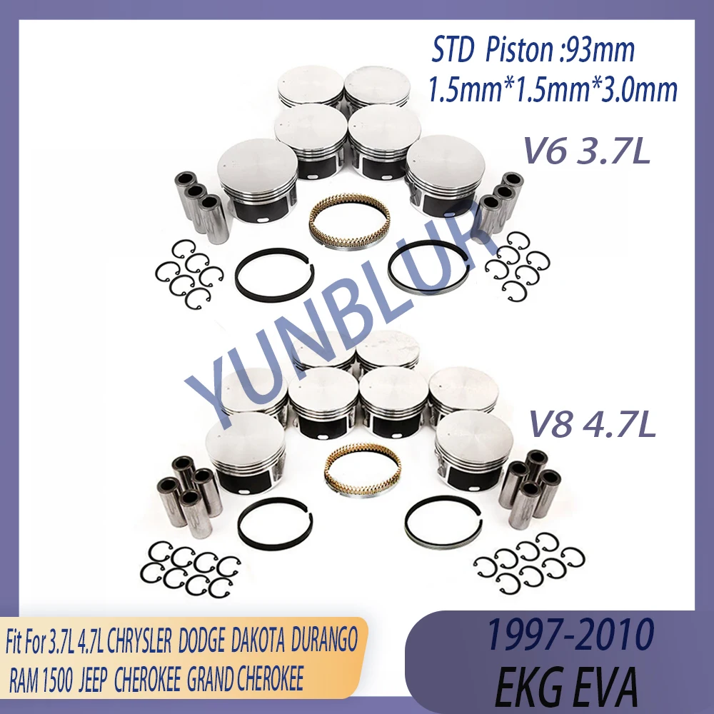 Kit de Pistão e Anéis de Motor STD 93mm Compatível com 3.7 4.7 L EKG EVA 97-10 GAS Para CHRYSLER ASPEN DODGE DURANGO RAM 1500 JEEP GRAND CHEROKEE