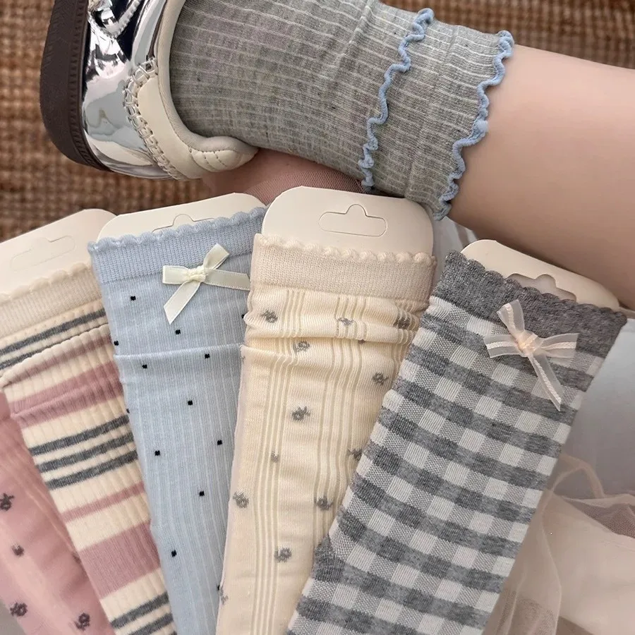 12 pairs Butterfly Knot Simple Comfortable Women's Middle Socks Spring Summer Thin Sweet Versatile Stacking Socks