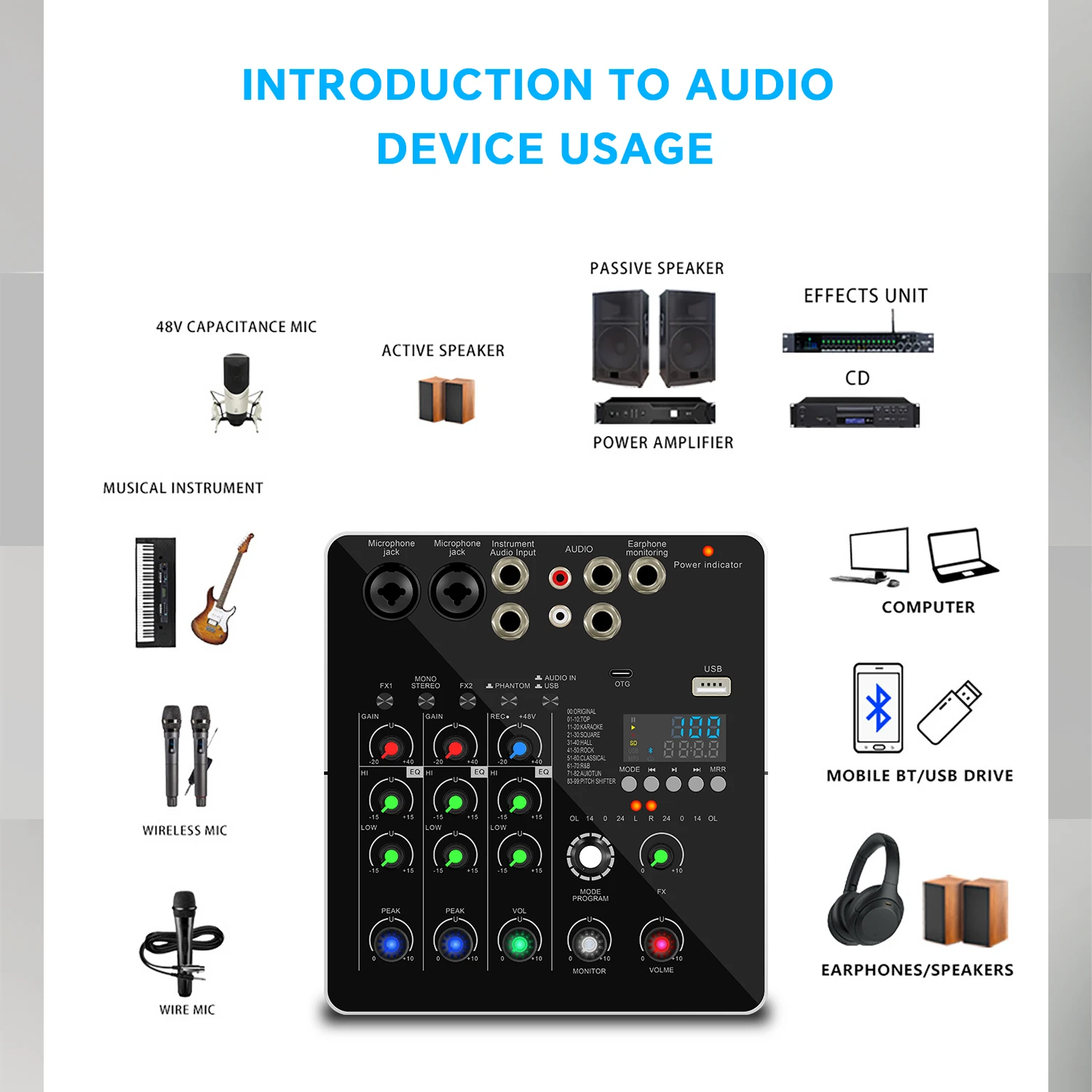 GAX-DP216 Professionele draagbare digitale DJ-console met USB-mixer Grensoverschrijdende live zingen 2-kanaals audiomixer