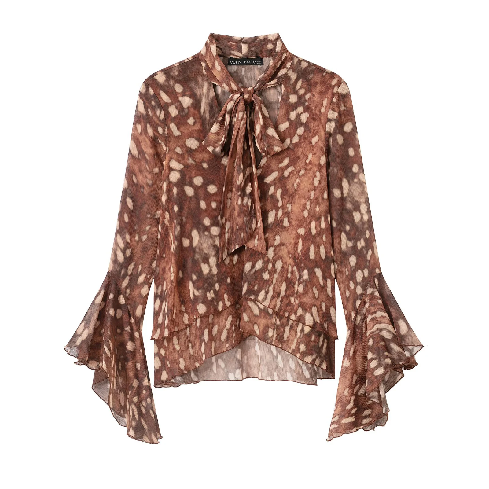Winter new women's clothing style fashionable temperament retro spotted print lace up slightly transparent chiffon top shirt