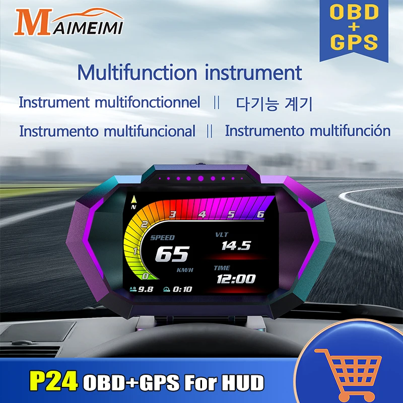 OBD + GPS HUD P24 Car OBD Head Up Display HUD on Board Computer Digital Speedometer Water Temp Fuel Consumption Slope Meter