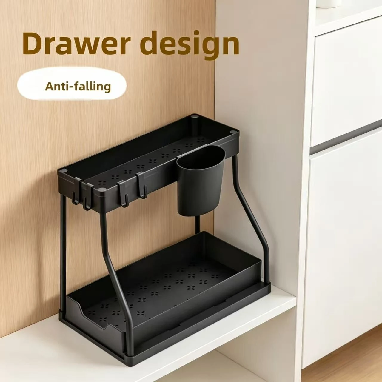 2 Tier Slide Out Under Sink Organizer with Hooks Large Capac